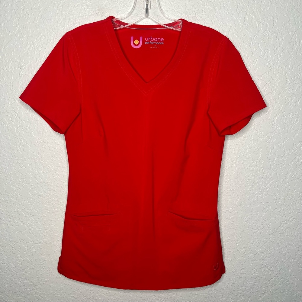 URBANE Performance Scrub Top Shirt Red Size XS V Neck Double Pocket Stretch EUC